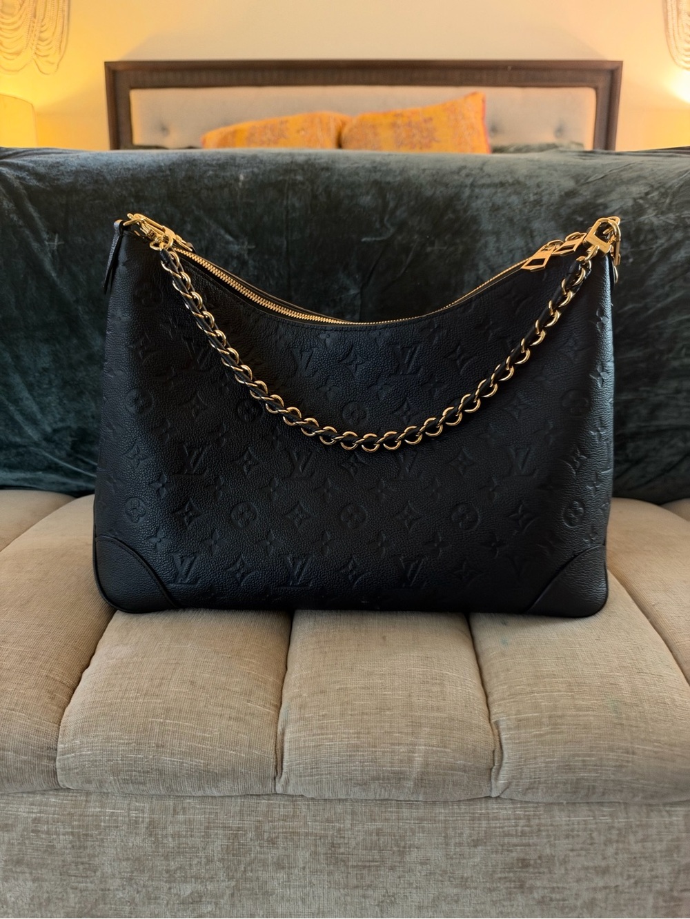 Louis Vuitton Boulogne GM Black Embossed Monogram Shoulder Bag with Gold Chain